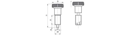 Feststellstift ohne Verriegelung, mit Feingewinde, glattem Körper, D-21mm; d1-5mm; M10x1,0; aus oxidiertem Stahl.
