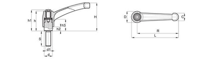 Adjustable lever made of zinc alloy with a threaded pin R-43mm M6 x 50mm, RAL9005 glossy (deep black)