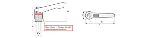 Dźwignia nastawna z trzpieniem gwintowanym R-92mm M10 x 50mm, wersja wzmocniona, slim design, RAL9005 (czarny głęboki), INOX