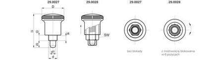 MINI-Feststellstift D-25mm d2-M10x1,0mm d1-7mm SW-12 mit Edelstahlstift