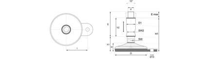 Einstellbarer Standard-Hygienefuß, mit einseitiger Montagehalterung, rutschfest, D-60mm, M16 x 150mm, H-22mm, h1-35mm, H1-120mm, h2-85mm.