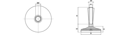 Adjustable stainless steel foot, anti-slip, D-80mm, M24 x 225mm
