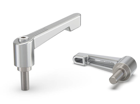 Adjustable lever made of chrome-plated zinc alloy with a stainless steel threaded pin and metal button L-74; d1-8; S-50.