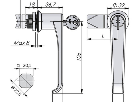 Quarter-turn latch with L-handle, various keys, black 0/0