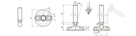 Adjustable foot with mounting holes D-80mm M16 x 150mm R-12.5mm