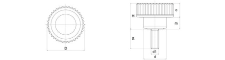 Knurled knob with stainless steel threaded pin D-21mm M5