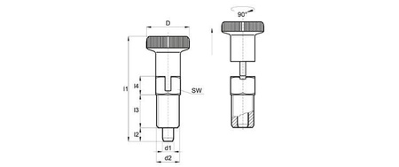 Feststellstift D-18mm d2-M10x1,0mm SW-10 d1-6mm mit Stift aus vernickeltem Stahl und Verriegelung.