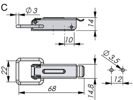 Hakenverschluss mit Löchern, Typ C, verzinkter Stahl.