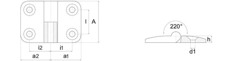 Zawias z otworami przelotowymi A-48mm I-28mm i1-25,0mm i2-15,0mm a1-43,5mm a2-26,0mm d1-6,6mm, odpinany (lewy)