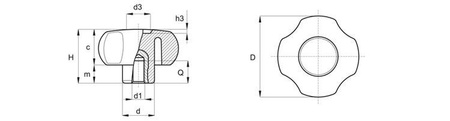 Hvězdicový knoflík s závitovou pouzdrem D-26mm M5