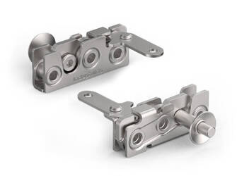 Rotary latch with perpendicular lever, with anti-vibration bushing, single-stage latch, M6 mounting hole, right-hand version, M8 pin.