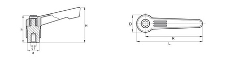 Adjustable lever made of chrome-plated zinc alloy, with a stainless steel threaded bushing and metal button L-123; d1-12