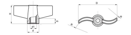 Motýlí knoflík s průchozí závitovou pouzdrem D-32mm M5