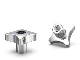 Kreuzgriff aus Aluminium, ähnlich DIN 6335, mit durchgehendem Gewindeeinsatz D-50mm, H-32mm.