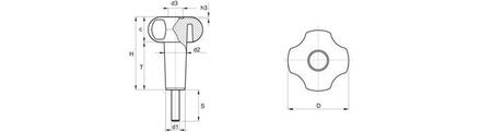 Hvězdicový knoflík s závitovým hřídelem D-52mm T-39mm M8 x 20mm