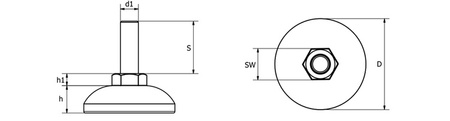 Verstellbarer fester Fuß mit eingebauter Schraube D-30mm M6 x 33mm.