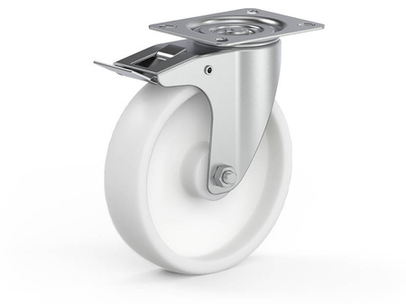 Schwenkbares Radset mit Bremse, Befestigungsplatte, Gleitlager, PP-Rad D-150mm a-40mm.