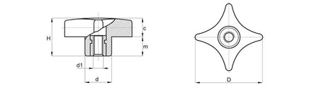 Cross knob with through-threaded bushing D-32mm M5