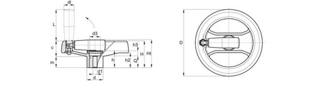 Folding revolving handle handwheel D-159mm d1H7-14mm, key 5H8