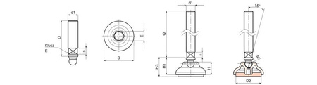 Anti-slip swivel foot with wrench flat, R12.5 D-60mm M16