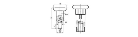 Locating pin D-24mm d2-M12x1.75mm SW-12 d1-7mm with lock, INOX