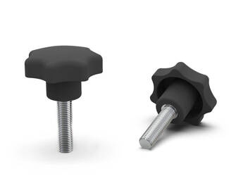 Pokrętło gwiazdowe wg DIN 6336, z trzpieniem gwintowanym, pokryte miękkim elastomerem  D-52mm M8