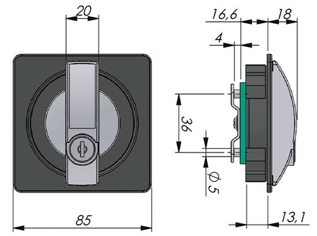 Recessed quarter-turn lock, square, different keys.