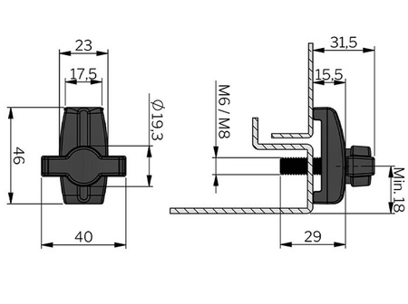 Einzelne Brückenklemme mit Flügelmutter M6 aus verzinktem Stahl.