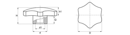 Star knob made of duroplast with threaded bushing D-25mm M5, DIN 6336