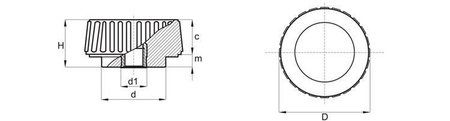 Otočný knoflík s drážkovaným rukávem D-22,5mm M6