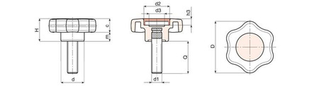 Star knob with threaded stem D-40mm M6 x 30mm