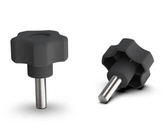 Star knob with threaded pin D-28mm M6 x 10mm covered with soft TPE
