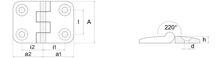 Zawias z otworami przelotowymi A-48mm I-28mm i1-15,0mm i2-17,5mm a1-26,0mm a2-29,5mm d1-6,6mm