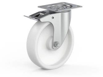 Schwenkbares Radset mit Bremse, Befestigungsplatte, Gleitlager, PA-Rad D-125mm a-38mm.