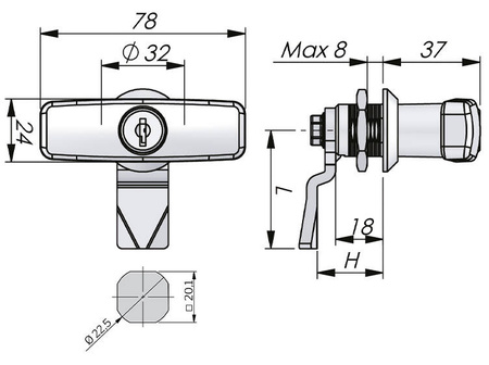 Čtvrtotáčkový zámek s T rukojetí bez zámku, chromovaný 4/45