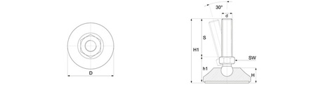 Adjustable galvanized steel foot, anti-slip, D-100mm, M16 x 175mm