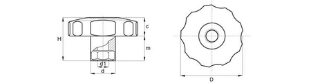 Star knob with an embedded nut in plastic D-50mm M10, through-hole, heavy-duty version