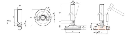 Stopka wahliwa z otworami montażowymi, frezem na klucz i podkładką antypoślizgową, R15 D-130mm M20