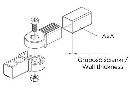 Articulated connector for square profiles A-30mm 2mm 0-190°, with M8 hole, PAGF30