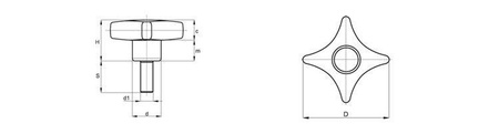 Cross knob with threaded spindle D-50mm M10 x 20mm