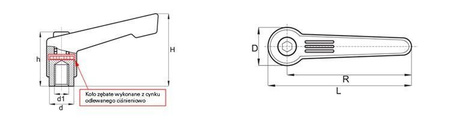 Nastavitelná páka s navláknutou pouzdrou a tlačítkem R-65mm M8, tenký design, zesílená verze, RAL9005 (hluboká černá), INOX