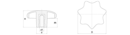 Pokrętło gwiazdowe z duroplastu, wg DIN 6336, z tuleją gwintowaną  D-32mm M5
