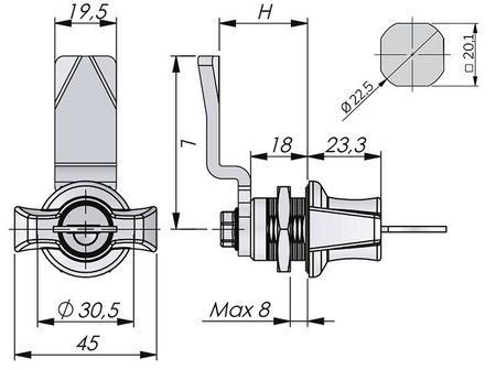Quarter-turn lock with butterfly handle ZnAl, different keys, 6 / 45