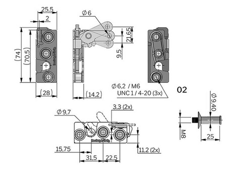 Rotary latch with a perpendicular lever, anti-vibration bushing, single-stage latch, UNC 1/4-20 mounting hole, left version, M8 pin.