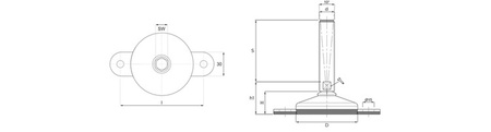 Adjustable stainless steel foot, with double-sided mounting brackets, anti-slip, D-80mm, M20 x 175mm.