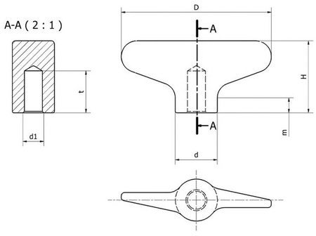 Butterfly knob made of polished stainless steel, with a threaded hole D-50mm M6.