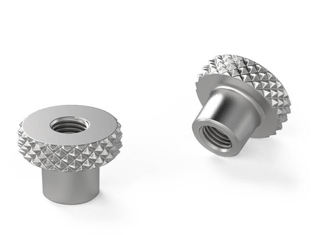 Knurled steel knob with a threaded through hole D-15mm M4, zinc-plated surface.