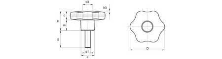 Sterngriff mit Gewindestift D-60mm M10 x 50mm