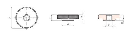 Knurled steel knob with a through threaded hole D-35mm M10