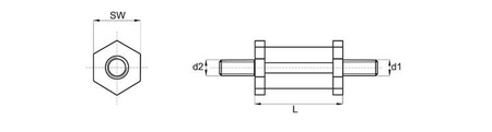 Distanční pouzdro z plastu d1-M3 L-5mm SW-6, barva černá